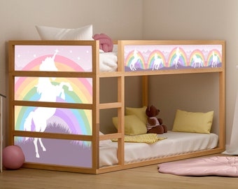 Unicorn Decals for Girls Ikea Kura Bed, Removable Rainbow Girl Nursery Furniture Decor, Peel and Stick Bed Stickers, Kids Room Decorations