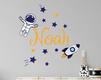 Astronaut Wall Decal Nursery - Boy Name Sticker Baby Room - Rocket and Stars Decor - Space Decoration Above Crib - Boys Name Decals LX41