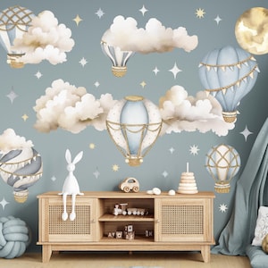 Hot Air Balloon Wall Decals, Blue Nursery Room Decor, Removable Peel and Stick Stickers, Moon and Stars Stickers For Boy, Large Wall Sticker