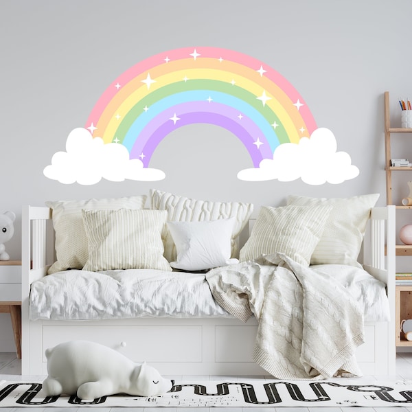 Rainbow Wall Decal for Kids, Pastel Rainbow with Clouds Decor Girl Boy Bedroom, Large Rainbow Sticker Toddler Room, Baby Nursery Decoration