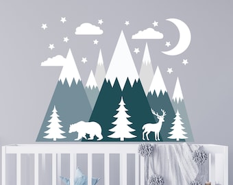 Animaux Wall Decal Nursery - Autocollant mural ours et cerf - Décoration de montagne Chambre d’enfants - Autocollant mural de montagne Art au-dessus de la crèche - Art Mural LX69