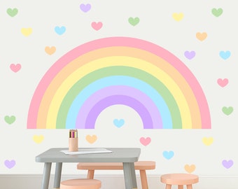 Large Rainbow Wall Decal for Toddler Girl Room, Polka Dots Stickers Kids, Pastel Rainbow with Hearts Art Mural Playroom, Nursery Decoration