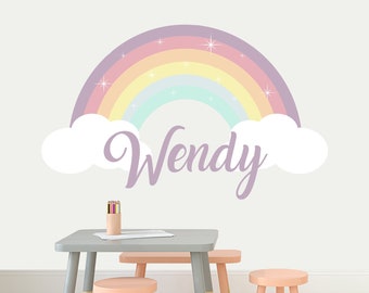 Pastel Rainbow Wall Decal with Girls Name, Personalized Sticker Toddler Girl Room, Large Rainbow with Clouds Decor Nursery, Custom Gift Kids