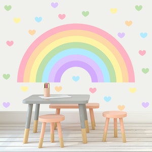 Large Rainbow Wall Decal for Toddler Girl Room, Polka Dots Stickers Kids, Pastel Rainbow with Hearts Art Mural Playroom, Nursery Decoration