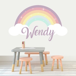 Pastel Rainbow Wall Decal with Girls Name, Personalized Sticker Toddler Girl Room, Large Rainbow with Clouds Decor Nursery, Custom Gift Kids