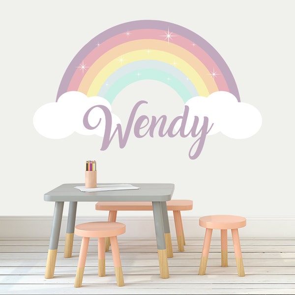 Pastel Rainbow Wall Decal with Girls Name, Personalized Sticker Toddler Girl Room, Large Rainbow with Clouds Decor Nursery, Custom Gift Kids