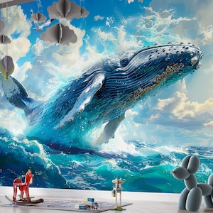 Ocean Wallpaper Peel and Stick for Kids Room, Large Whale Wall Mural Removable, Blue Sea Animals Wall Decor for Boy Room, Nature Wallpaper