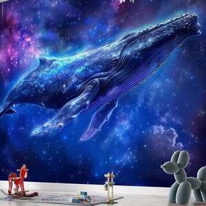 Peut inclure: Une grande peinture murale représentant une baleine à bosse nageant à travers une nébuleuse bleu profond et violette vibrante remplie d'étoiles brillantes. La baleine a une peau texturée au motif cosmique se fondant dans l'espace.