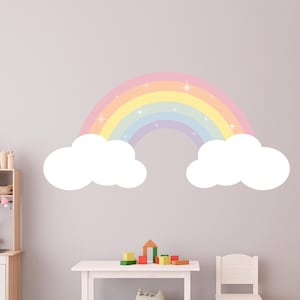 Pastel Rainbow Wall Decal Kids Room - Large Rainbow with Clouds Decor Girl Bedroom - Vinyl Sticker Peel and Stick Baby Playroom Kid Nursery