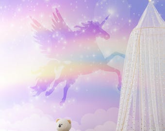 女の子の部屋の装飾のためのユニコーンとレインボーの壁紙、保育園の