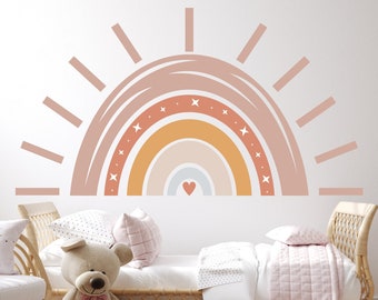 Decoración grande de la pared del arco iris boho para la guardería del bebé, calcomanía de la pared del sol del arco iris sala de juegos para niños, pegatina de la pared del sol pastel para el dormitorio del niño pequeño