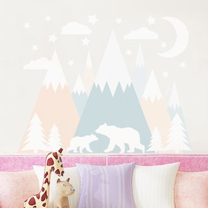 Pastel Mountain Wall Decal Girl Bedroom - Bears Decor Kids Room - Pine Trees and Mountains Mural Sticker - Stars and Moon Vinyl Decoration