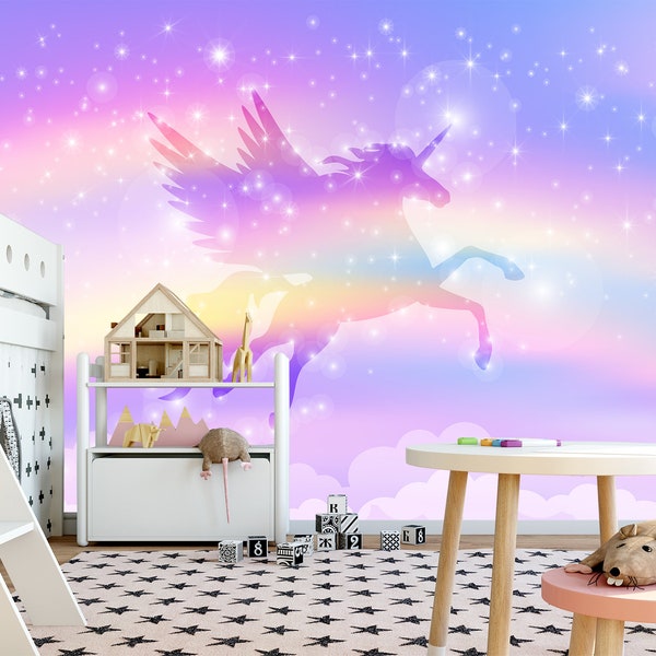 Unicorn Wallpaper Baby Girls Bedroom, Rainbow Wallpaper Peel & Stick Kids Nursery, Magical Wall Mural Unicorn Themed, Playroom Decoration