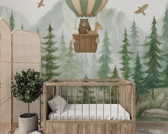 Behang met bosmotief, muurschildering met heteluchtballon, schattig behang met bosdieren voor kinderkamer, wanddecoratie voor speelkamer/babykamer, verwijderbaar vinylbehang