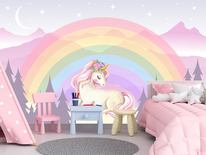 Unicorn Wallpaper for Girl Bedroom Pastel Rainbow Wall Decor - Etsy