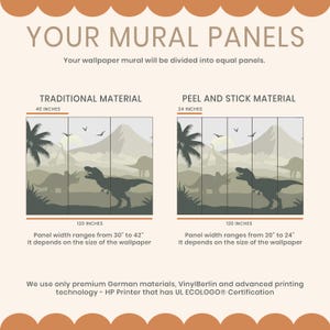 The image is a comparison of two different types of wall mural panels, one being traditional material and the other being peel and stick material. The text indicates that the wall mural will be divided into equal panels, and the panels are 120 inches wide. The image also mentions that the panels are made of premium German materials, such as vinyl and advanced printing technology, and that they are certified by the U.S. Environmental Protection Agency (EPA) for use in wall art.