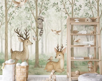 Bosbehang, muurschildering met bosdieren voor kinderkamer, verwijderbare zelfklevende decoratie voor de babykamer