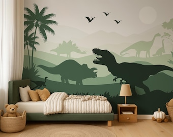 Dinosaur Wallpaper Peel and Stick Boys Bedroom, Dino Jurassic World Theme Wall Decor Boy Room, Green Accent Mountain Trex Wall Decoration