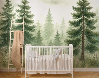 Watercolor Forest Wallpaper Mural, Neutral Woodland Wall Decor, Minimal Nature Wallpaper for Nursery, Bedroom, Baby Room Wall Art