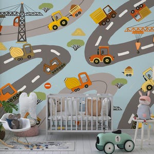 Construction Vehicles Blue Wallpaper Peel and Stick, Road & Trucks Theme Boys Room Wall Mural, Self Adhesive Removable Safe for Kids Decor