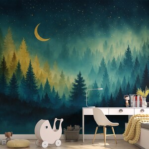 Dreamy night forest wallpaper mural with green trees, glowing moon and soft stars, calm celestial woodland wall decor in deep soothing tones, nature inspired wallpaper for nursery kids room or peaceful bedroom interior
