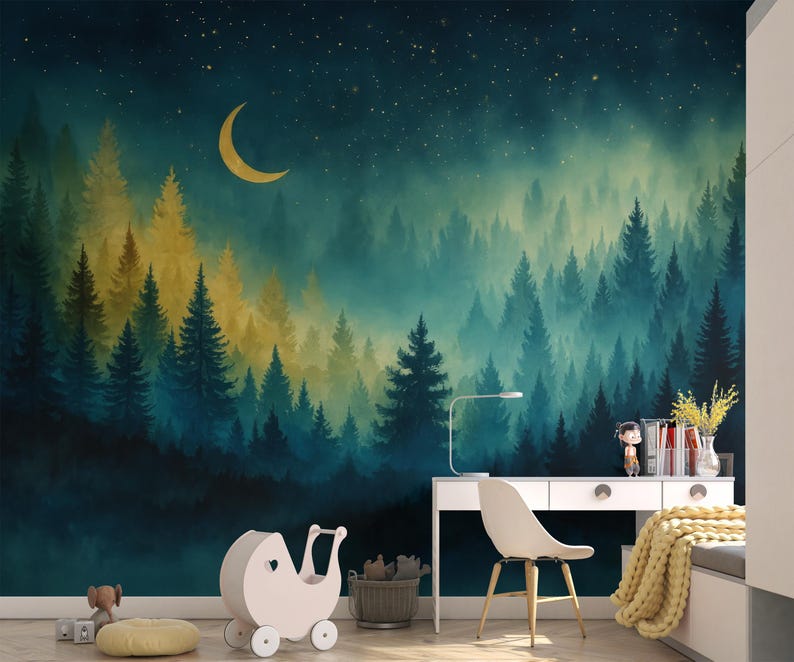 Dreamy night forest wallpaper mural with green trees, glowing moon and soft stars, calm celestial woodland wall decor in deep soothing tones, nature inspired wallpaper for nursery kids room or peaceful bedroom interior
