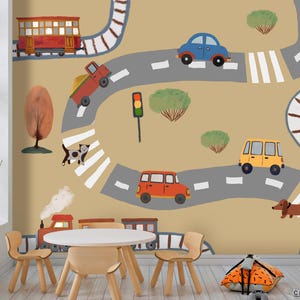 Bus and Train Wallpaper, Colorful Cars Peel and Stick Mural for Kids Room and Nursery, Cartoon Traffic and Road Self Adhesive, Vehicle Decor