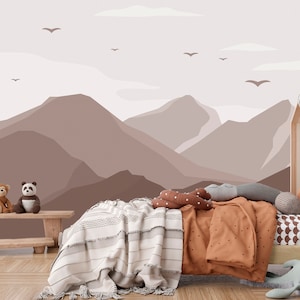 Orange Mountains Wallpaper Peel and Stick Kids Nursery, Nature Theme Wall Mural for Kids Bedroom, Mountains Toddler Wall Decoration