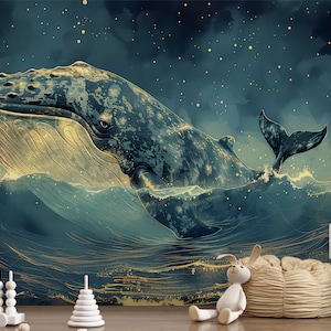 Ocean Theme Peel and Stick Wallpaper With Whales, Ideal For Boy bedroom, Transform Nursery With a Vibrant Sea Decor, Perfect for Kids,
