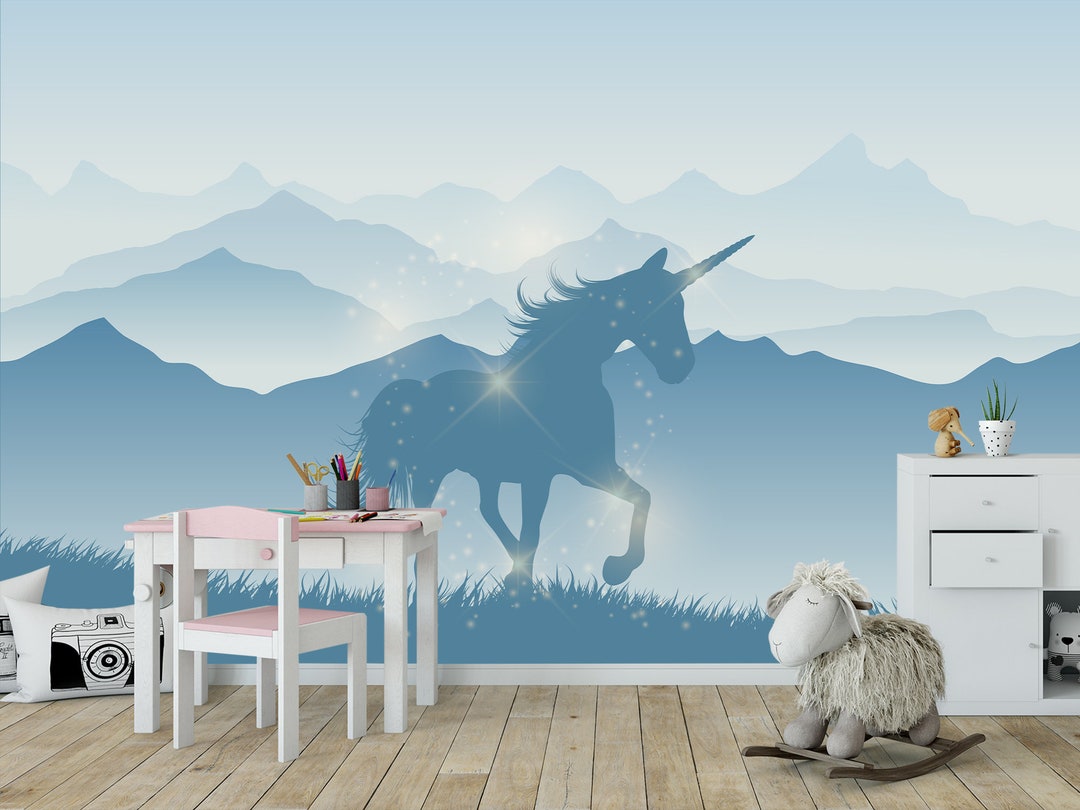 Unicorn Wallpaper for Girls Bedroom, Ombre Mountains With Unicorn Wall Decor Baby Nursery ...