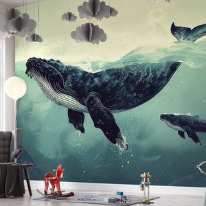 Underwater Wallpaper Peel and stick Kids Room, Graceful Humpback Whale Wall Mural For Boy Bedroom,  Aqua Adventure Wall Paper Nursery Accent