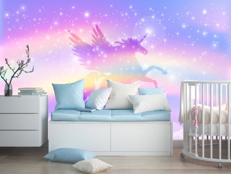 Unicorn Wallpaper Baby Girls Bedroom Rainbow Wallpaper Peel & - Etsy