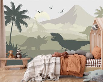 Dino Jurassic World Wallpaper Peel and Stick Kids Nursery, Dinosaur Theme Wall Mural Boy Bedroom, Dino Accent Landscape Mountain Wall Decor