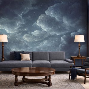 Carta da parati adesiva con nuvole scure e minacciose, murale drammatico con nuvole temporalesche, parete decorativa con cielo notturno celeste per camera da letto o soggiorno.