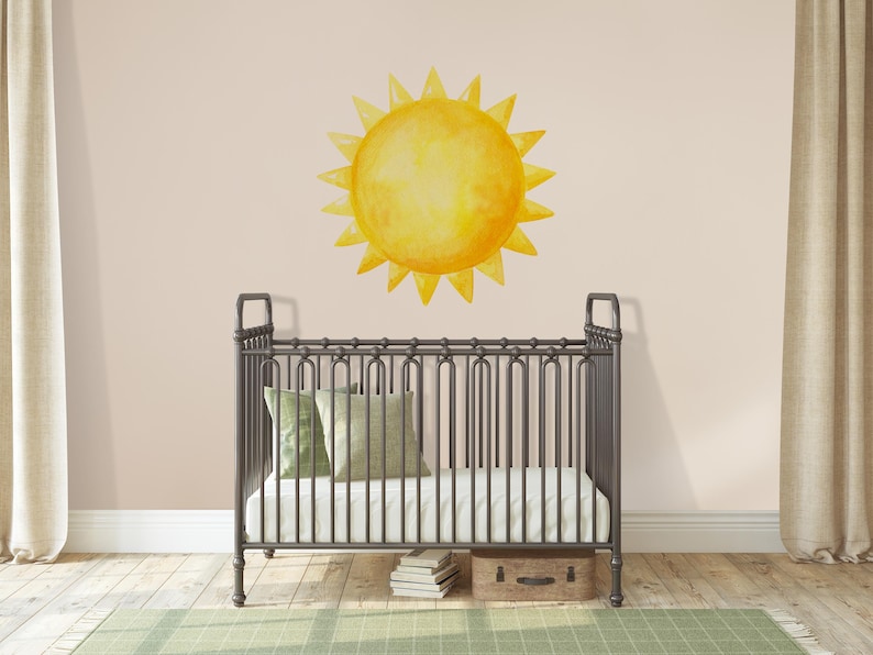 Watercolor Sun Wall Decal Toddler Room, Boho Sunshine Sticker Nursery Above Crib, Art Decor for Baby Boy Girl Playroom, Toy Box Decals Kids image 5