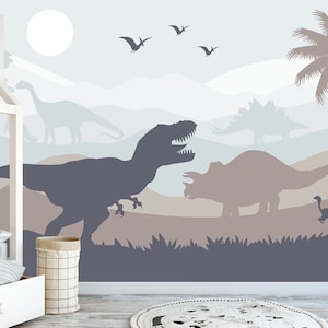 Accent Dinosaur Wallpaper Boys Nursery, Dino Jurassic World Theme Wall Mural Peel and Stick for Boy Room, Mountains Trex Wall Decoration Kid