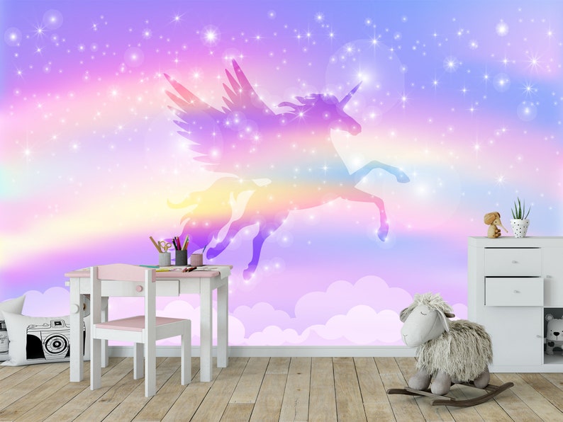 Unicorn Wallpaper Baby Girls Bedroom Rainbow Wallpaper Peel & - Etsy