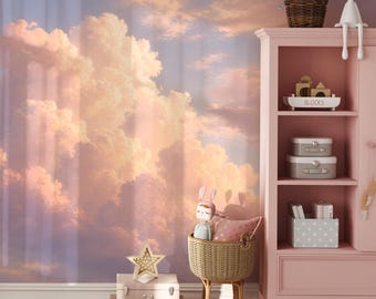 Pink Cloudscape Wall Mural, Dreamy Sunset Sky Peel and Stick Wallpaper, Soft Blush Clouds Accent Wall for Bedroom, Nursery or Living Room