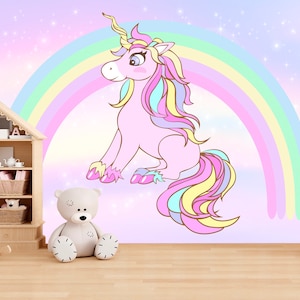Large Unicorn Rainbow Wallpaper Peel & Stick Nursery, Cute Unicorn with Stars Wall Mural Baby Girl Room, Ombre Accent Wall Decor for Toddler