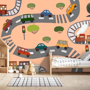 Colorful Cars Wallpaper, Peel & Stick Train Mural for Boy Room, Vehicle Nursery Wall Decor, Modern Removable Kids  Wall Art, Cartoon Road