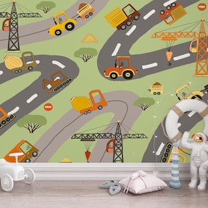 Construction Road Green Wallpaper Peel and Stick, Cartoon Transport Wall Accent Nursery Decor, Cars and Crane Boys Room Temporary Wall Mural
