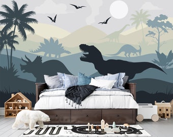 Dinosaur Wallpaper Peel and Stick Nursery, Blue Dino Jurassic World Theme Wall Mural Removable Bedroom, Accent Landscape Wall Decor Boy Room