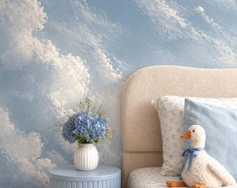 Pastel Sky Wallpaper with Watercolor Clouds, Kids Room Mural, Removable Decor, Baby Girl Bedroom Wall Art, Dreamy Peel and Stick Mural