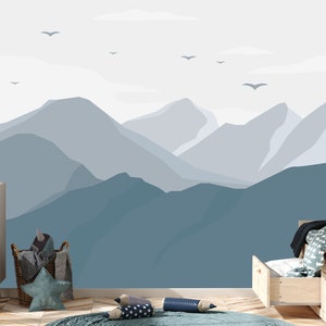 Blue Mountains Wallpaper Kids Room Nature Blue Theme Mural, Peel and Stick Kids Nursery, Landscape Wall Paper Toddler Room Mountain Theme
