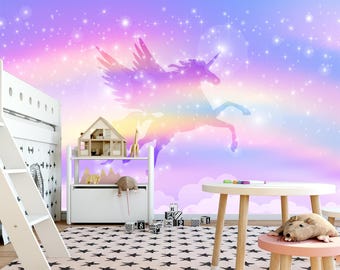 Unicorn Wallpaper Baby Girls Bedroom, Rainbow Wallpaper Peel Stick Kids  Nursery, Magical Wall Mural Unicorn Themed, Playroom Decoration