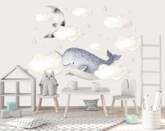 Adesivo murale Narvalo acquerello, adesivi artistici Nuvole e Luna, decorazioni Sogni marini per bambini sopra la culla, adesivi Balena con corno per la camera dei bambini