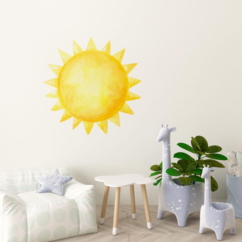 Watercolor Sun Wall Decal Toddler Room, Boho Sunshine Sticker Nursery Above Crib, Art Decor for Baby Boy Girl Playroom, Toy Box Decals Kids image 1