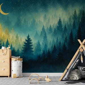 Dreamy night forest wallpaper mural with green trees, glowing moon and soft stars, calm celestial woodland wall decor in deep soothing tones, nature inspired wallpaper for nursery kids room or peaceful bedroom interior