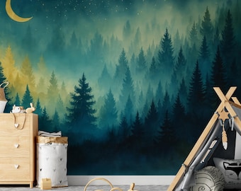 Tapeta "Nocny Las", fototapeta "Księżyc i Gwiazdy", dekoracja ścienna "Marzycielski Las", tapeta "Niebiańska Natura" do pokoju dziecięcego, sztuka ścienna do pokoju dziecięcego