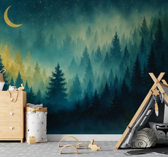 Night Forest Wallpaper, Moon and Stars Mural, Dreamy Woodland Wall Decor, Celestial Nature Wallpaper for Nursery, Toddler Bedroom Wall Art